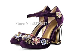 Purple Color Velvet Flower Diamond Chunky Heels Sandals Woman Birdcage Heel Crystal Wedding Sandals Shoes Handmade High Heels