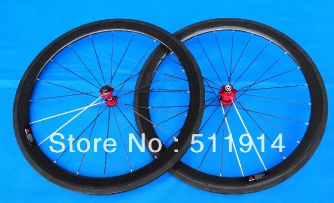 Full Carbon Road Bike Clincher Wheelset 700C - 50mm - white /black spokes, red hubs