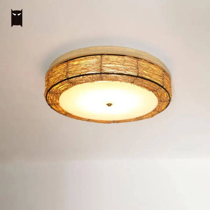 Wood Wicker Rattan Round Ceiling Light Fixture Vintage Rustic Country Primitive Plafon Lamp for Living Room Bedroom E27 LED Bulb