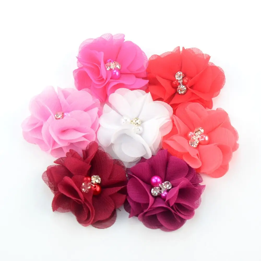 

MengNa 20 Color 100pcs/lot 2'' cute chiffon flowers with Rhinestone Pearl without clips girls headbands hair accessories