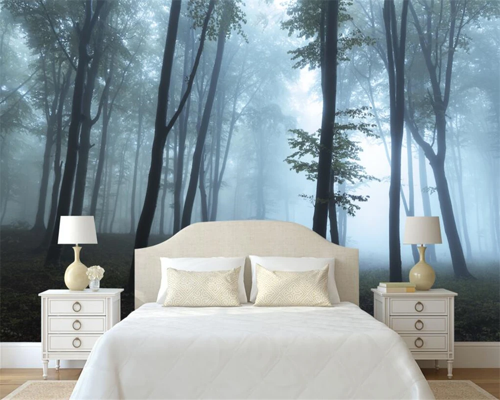 

Beibehang Custom wallpaper fresh and simple forest trees morning fog mural TV background living room bedroom mural 3d wallpaper