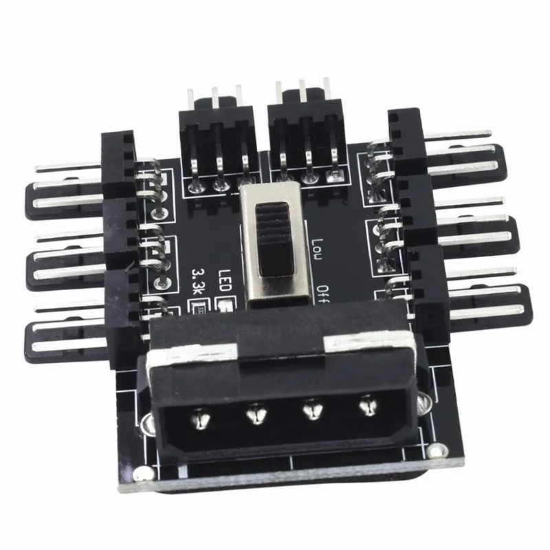 5 Pcs Gdstime 1-to-8 Channel Turn High Low Speed Adapter D Type 4Pin Molex to 8-port 3Pin Fan HUB Expantion Card Black