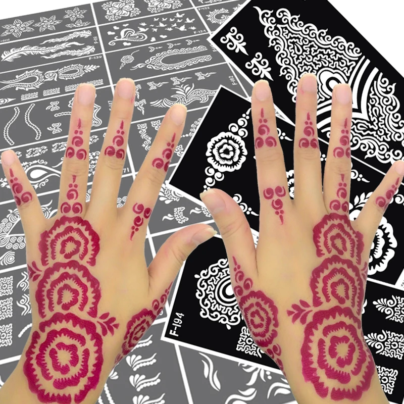 Plantillas de mano de tatuaje de Henna Mehndi para mujer, autoadhesiva pintura corporal, tatuaje de Mandala reutilizable, Kit de pintura de boda