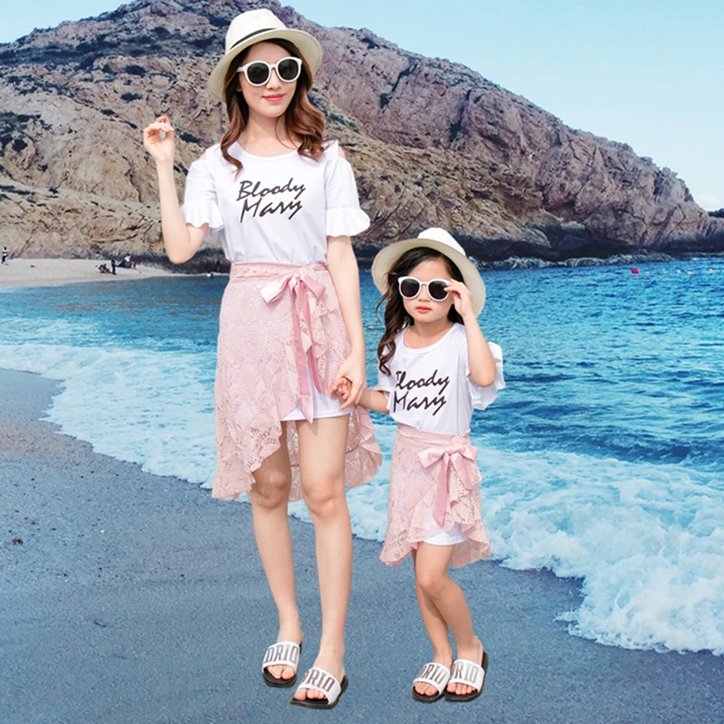 

Family Matching Clothes Summer Mum Daughter White Tshirt+Lace Skirt Mommy and Me Clothes Matching Family Outfits Kids Girl Skirt