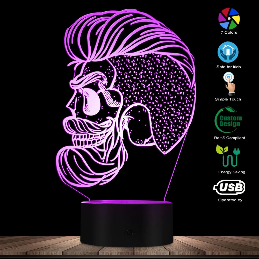 Hispter Skull Night Lamp Barber Shop Beard Skull 3D Optical illusion LED Nights Mancave Personalised Lighting Decor Lamp Gift