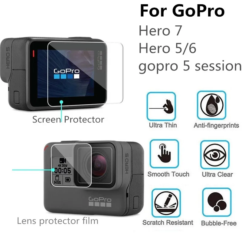 100PCS Tempered Glass Screen Protector for GoPro Hero 7 6 5 Front LCD Screen Protector  Rear Camera Lens Protective Film