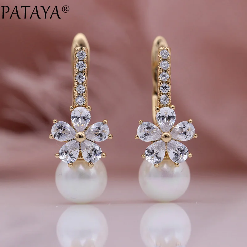 PATAYA New White Shell Pearls Dangle Earrings 585 Rose Gold Color Multicolor Drop Natural Zircon Women Wedding Fashion Jewelry