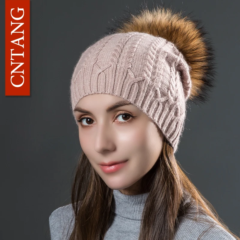 CNTANG Autumn Winter Women\'s Rabbit Fur Knitted Twist Hats Fashion Warm Caps With Natural Fur Pompom Female Hat Skullies Beanies