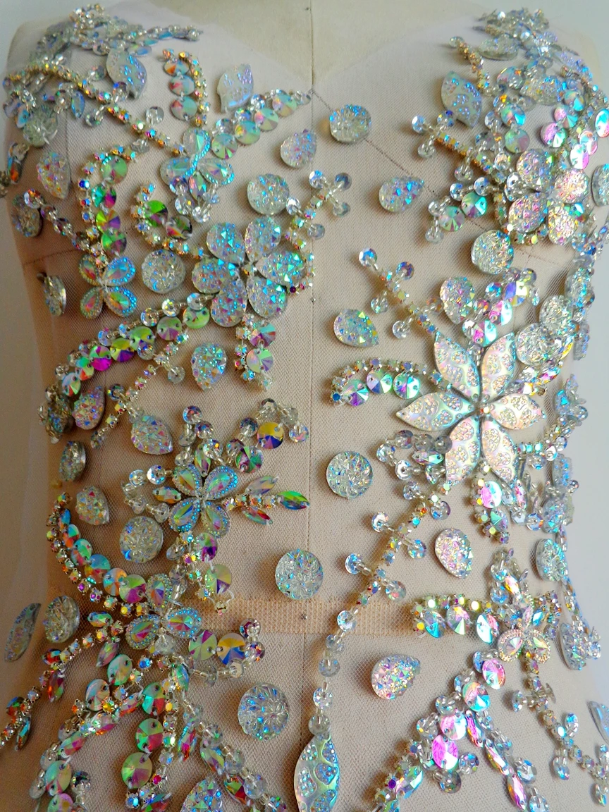 handmade clear AB colour crystal patches sew on  rhinestones applique on mesh for  dress  accessories 50*30cm