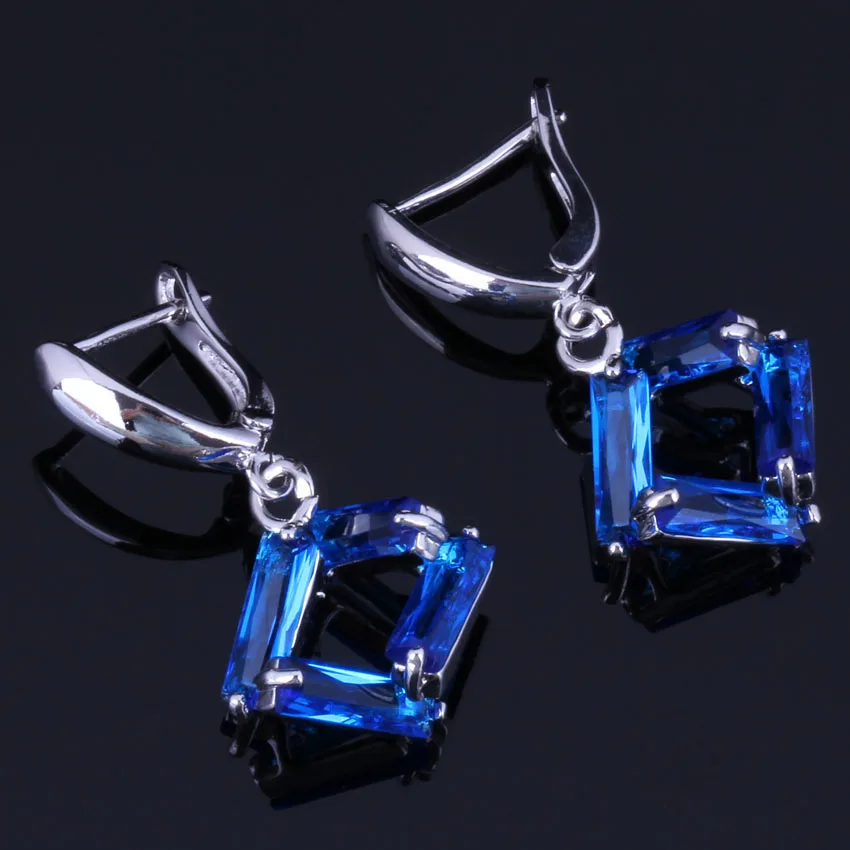 

Trendy Quadrilateral Blue Cubic Zirconia Silver Plated Drop Dangle Earrings V1014