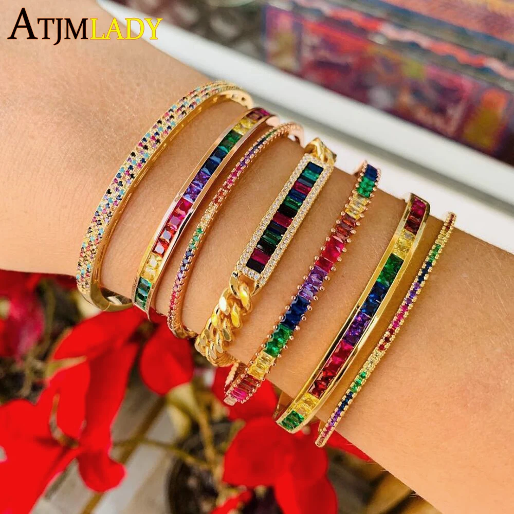 New Fashion Rainbow Cz Cubic Zirconia Tennis Bracelet For Women Men Luxury Jewelry Gold Color Gorgeous Trendy Bangle