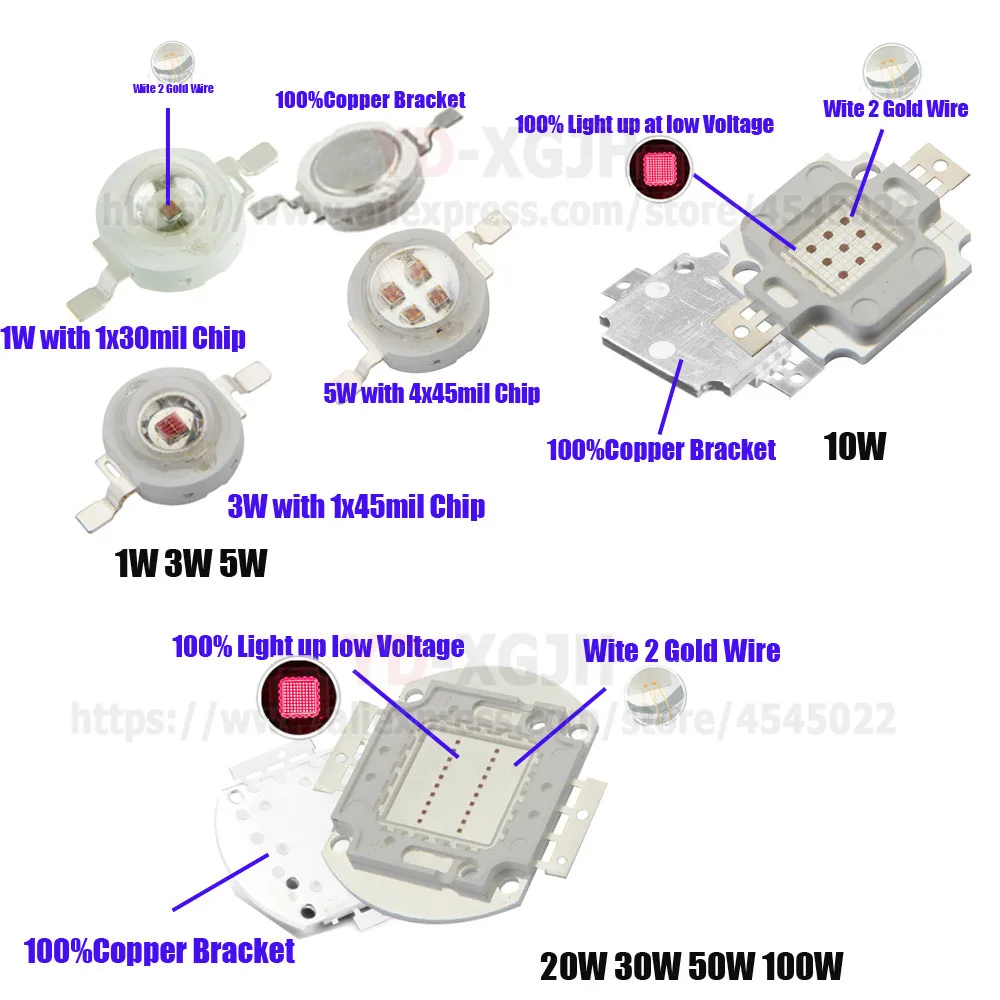 Puce COB LED haute puissance pour budgétaire extérieur bricolage, lumière SMD, blanc froid chaud, rouge, bleu, jaune, 1W, 3W, 5W, 10W, 20W, 30W, 50W, 100W