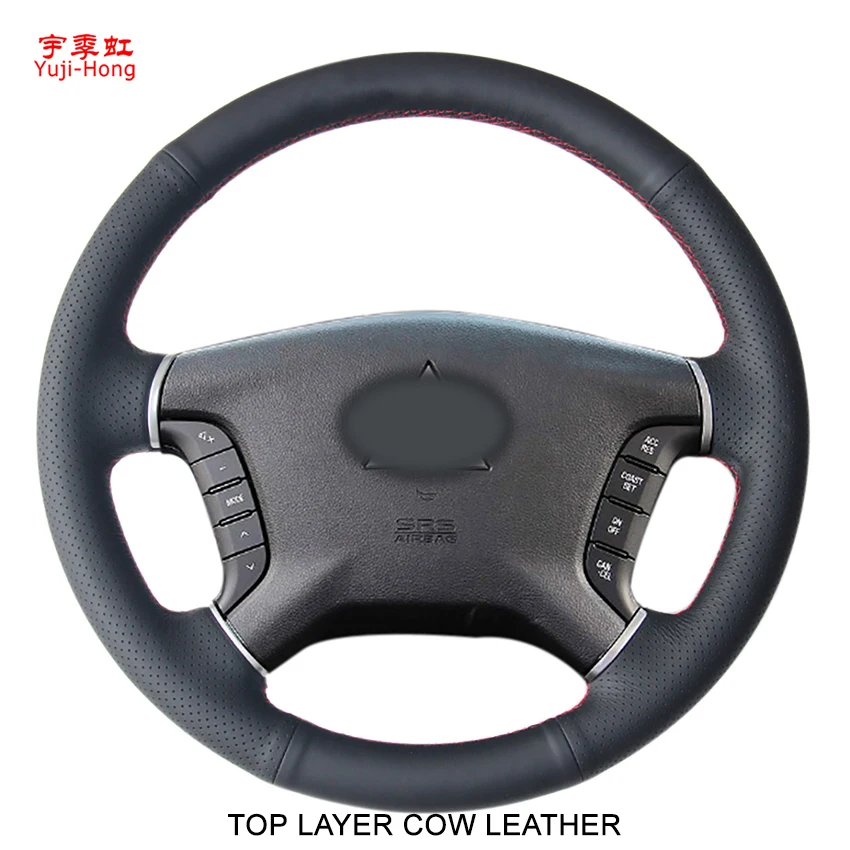 Yuji-Hong Top Layer Genuine Cow Leather Car Steering Wheel Covers Case for Mitsubishi Pajero Hand-stitched Cover Black