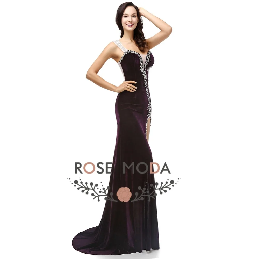 Rosa moda sexy um ombro cristal frisado alta fenda preto veludo vestido de noite até o chão fotos reais