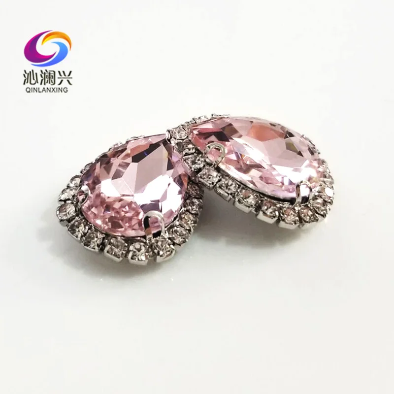 Top Grade Pink Color Glass Crystal Buckle, Drop Shape Sew on Rhinestones, Used for Needlework, Silver Bottom Sewing Accessories