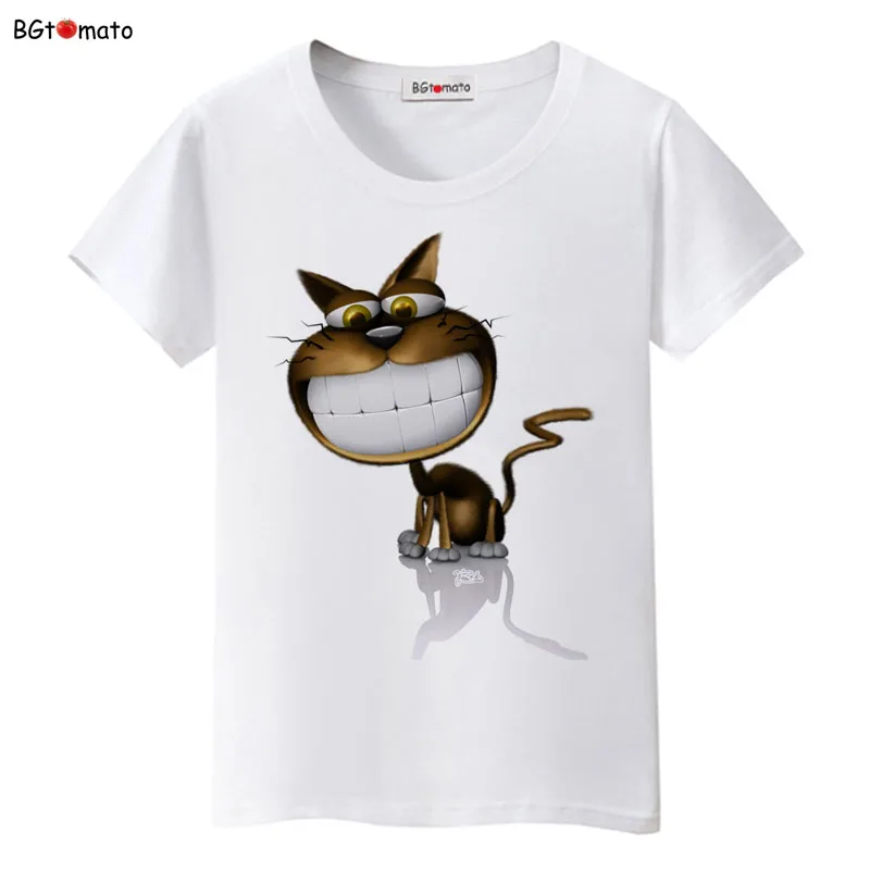 

BGtomato lovely smiling face cat t shirt woman cartoon 3D tshirt Brand good quality comfortable soft shirts