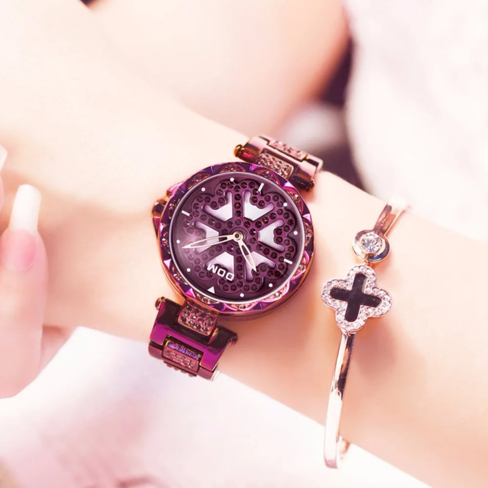 DOM Brand Luxury Women Quartz Watches Diamond Fashion Casual Female Wristwatch Waterproof Purple Watch Reloj Mujer G-1258GK-6MX