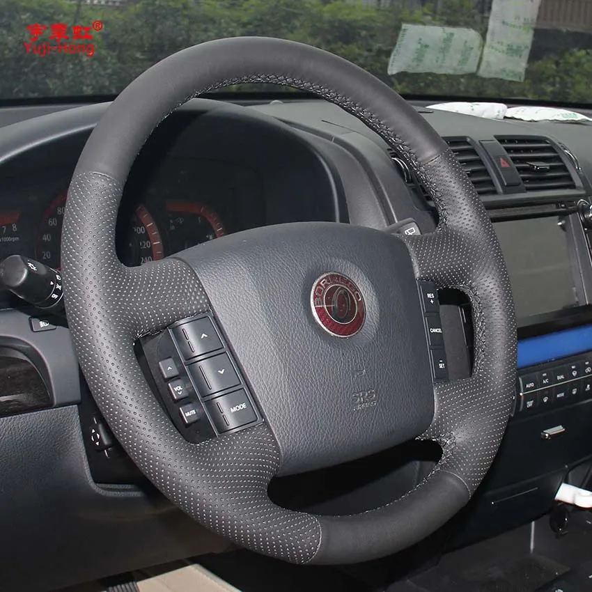 Yuji-Hong Top Layer Genuine Cow Leather Car Steering Wheel Covers Case for KIA Mohave Borrego 2008 Hand-stitched Black