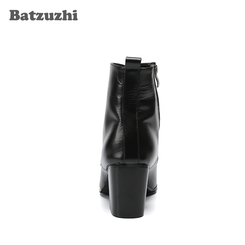 Batzuzhi Cowboy Boots Men High Heels 6.8cm Black Soft Leather Ankle Boots Thick Heels Men Shoes Zapatos Hombre Lace Up Man Boots