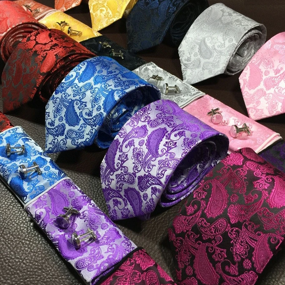 fashion tie set 3pcs necktie handkerchief cufflinks pocket square polyester ties 9cm wide