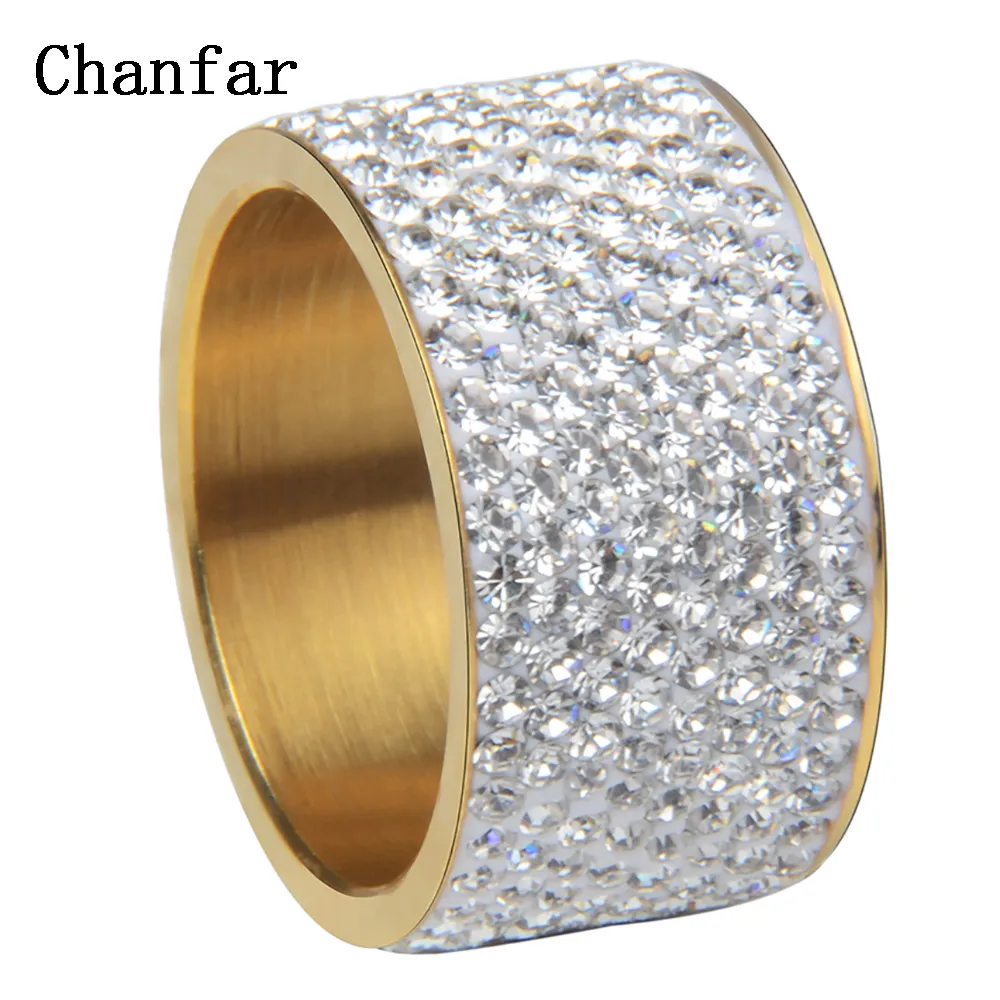 Chanfar 8 Lines Fashion Full Crystal Stone Gold Color Wedding Ring Finger Big Stainless Steel Rings Men Women Jewelry