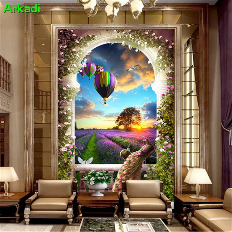 

European 3D entrance mural lavender peacock hot air balloon background wall paper custom hallway corridor aisle decorative wall