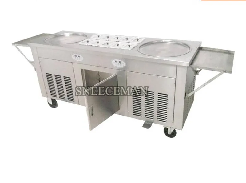 NEW Ice Cream rolling machine fried ice cream machine double 2 pans ice cream roller machine with cabinet