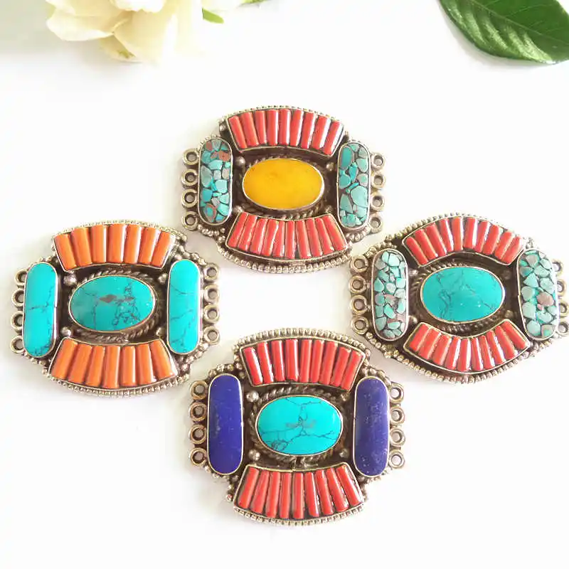 TBP347 Indian Vintage Jewelry Copper Inlaid Colorful Stone Necklace Pendants Multi Colors