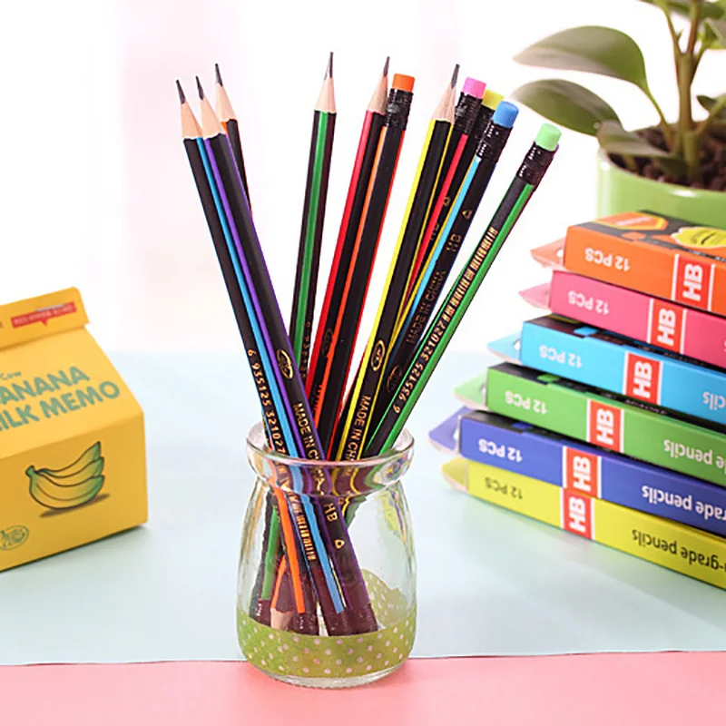 12 Pcs Creative HB Standard Hexagonal Pencils with Rubber Student Painting Sketch School High Quality Office Supplies Stationery