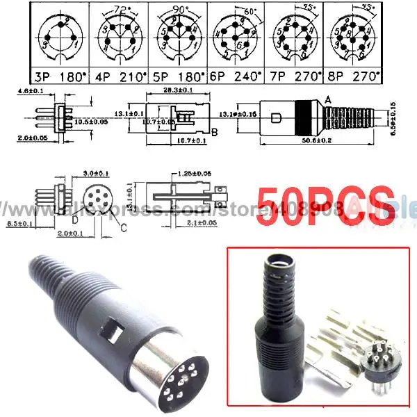 

50 шт. 3 Pin/4 Pin DIN разъем/5 Pin DIN разъем/6 Pin/7 Pin/8 Pin Кабельный разъем DIY