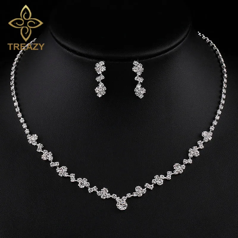 TREAZY Simple Bridal Bridesmaid Jewelry Sets Fashion Silver Plated Crystal Wedding Jewelry Sets Necklace Earrings Set for Women