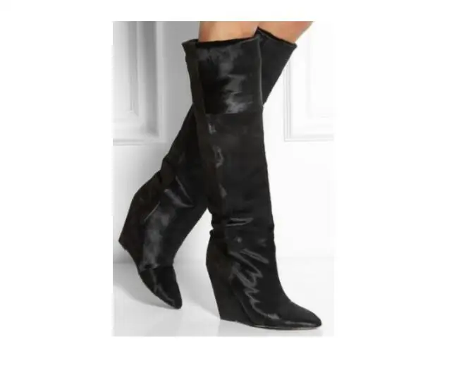 Autumn Winter Black Leather Wedge Hidden Heel Botines Mujer Long Slim Overknee Boots Pointed Toe Biker Knee Luxury Shoes Woman