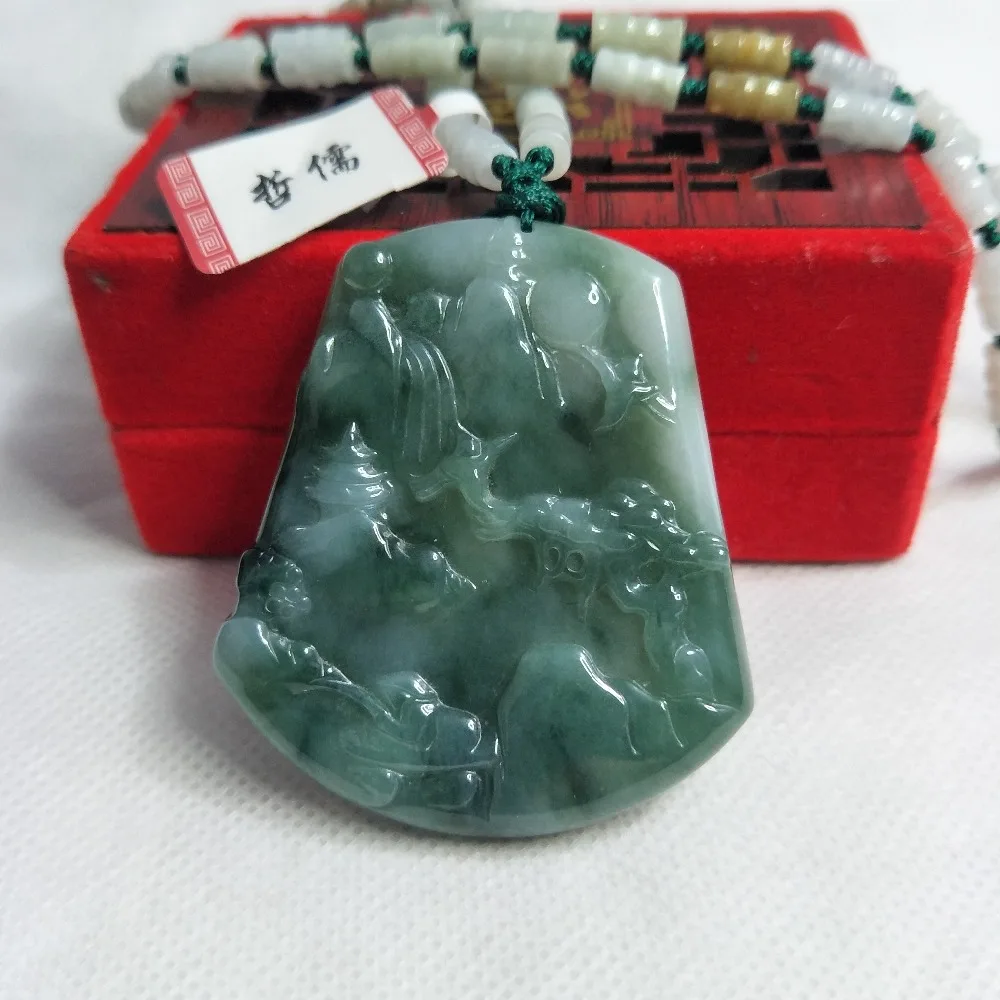 Zheru Jewelry's only pure natural Jadeite green water green mountain pendant Three-color pearl necklace Send A-level certificate