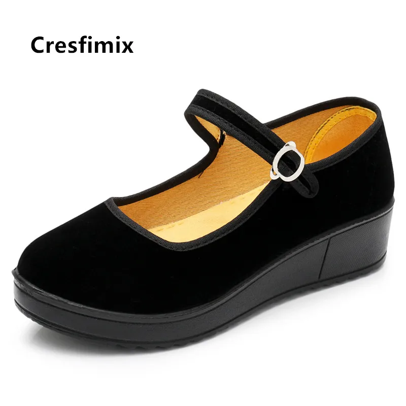 Cresfimix Zapatos De Mujer Women Casual Black Buckle Strap Cloth Dance Shoes Lady Cute Height Increased Retro Shoes C5055