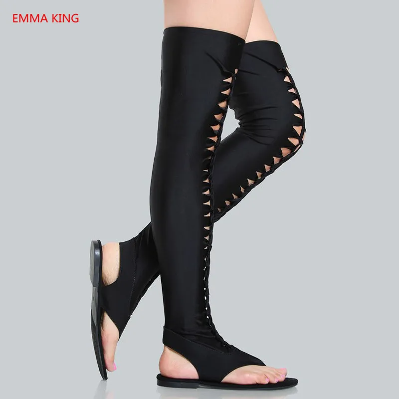 Women Roman Gladiator Sandals Leather Hollow Flats Sandals Sexy Dancing Party Shoes Woman Black Cut Outs Over The Knee Boots