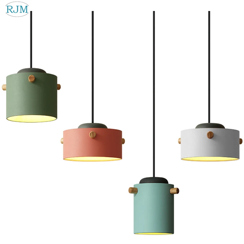 

Modern Simple Macarons LED Iron Pendant Lights Nordic Creative Wood Hang Lamp for Restaurant Bar Living Room Clothing Shop Light