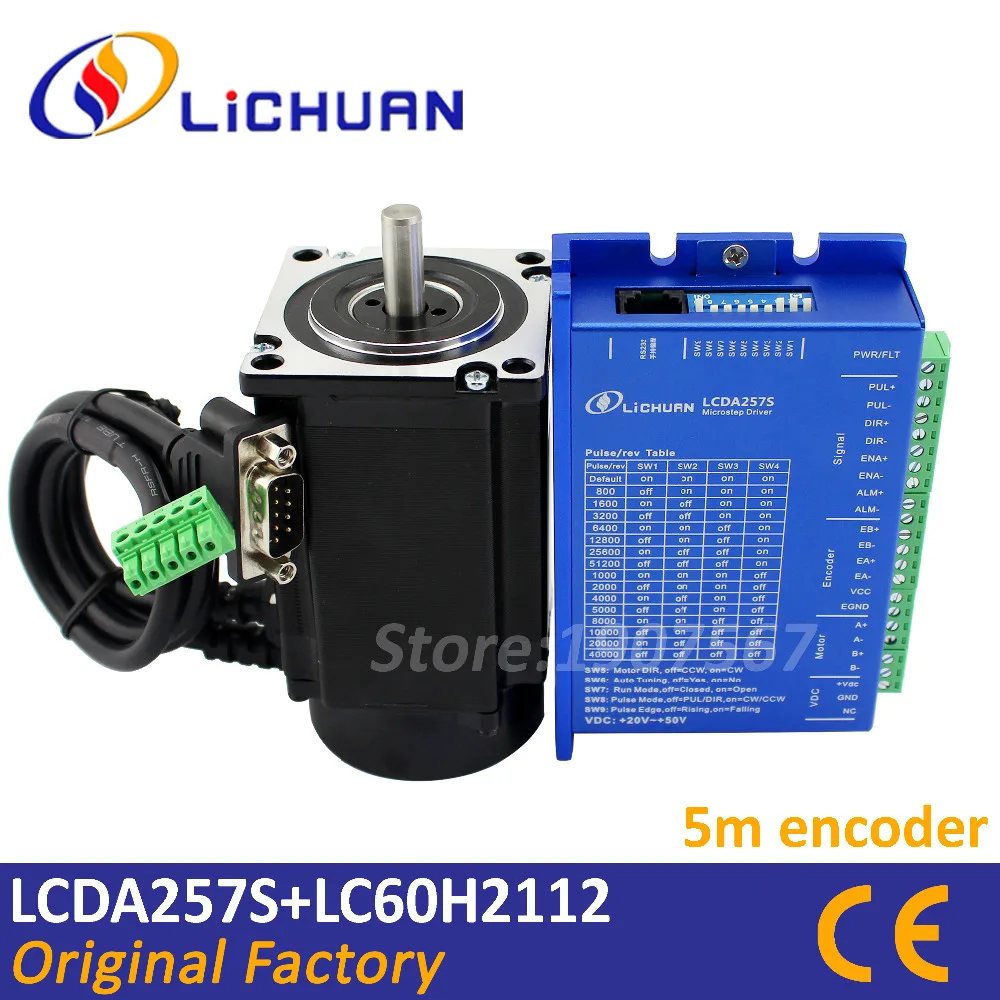 

Lichuan 4.8N.m 680oz.in Nema24 closed loop stepper motor and driver with 5m encoder cable 2 phase L-112mm D=8mm DC20-50V 6A