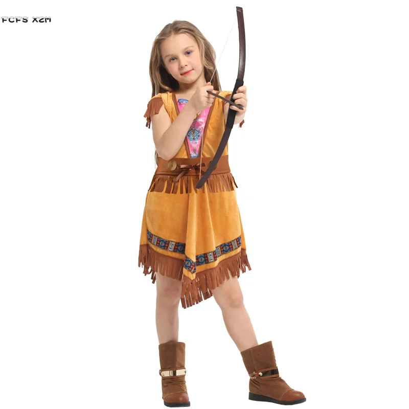 Girls Primitive Indian Traditional Cosplay Kids Children Halloween Archer Hunter Costumes Carnival Purim Stage Play Party Dress