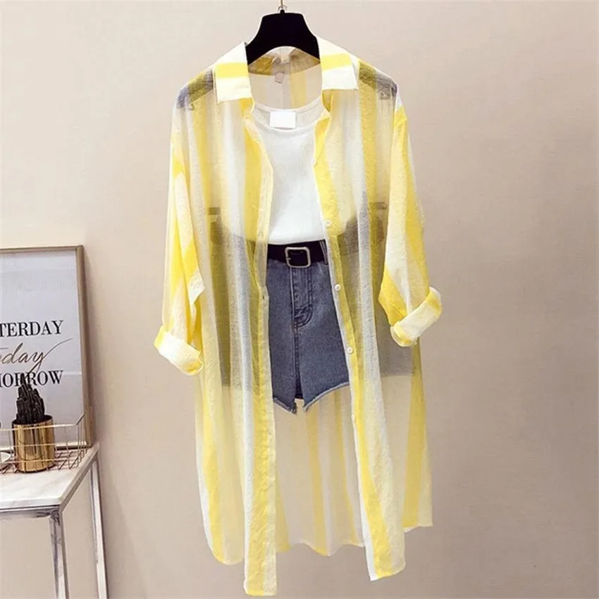 2019 Fashion Summer Loose Women Striped Cardigan Blouses Midi Long Lady Thin Sun Protection Clothing beach Shirts Holiday WZ794