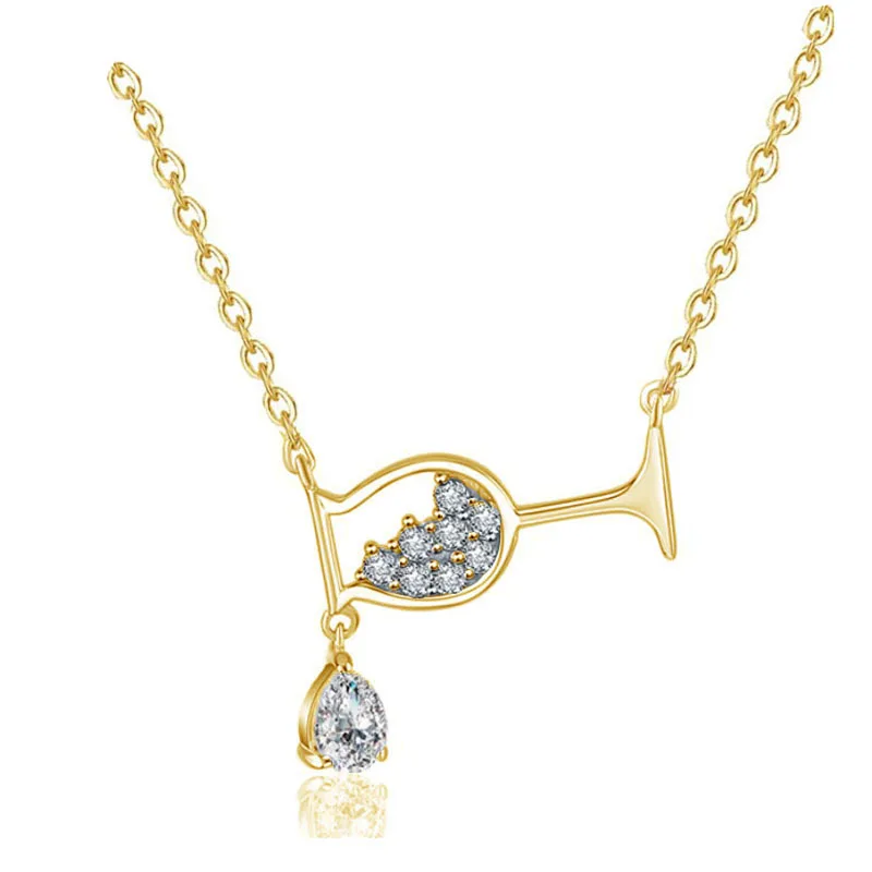 Gold Color Chain Cute Wine Glass Pendant Necklace for Women AAA Zircon Crystal Wine Cup Charm Necklace Choker Dropshipping