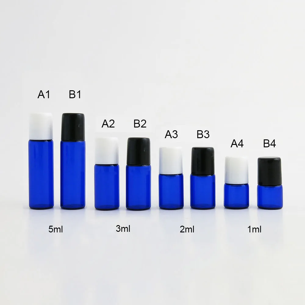 100 X 1ML 2ML 3ML 5ML Refillable Cobalt Blue  Glass Roll On Bottle With Plastic Lid  Mini 1/10OZ Perfume Sample Roller Vials
