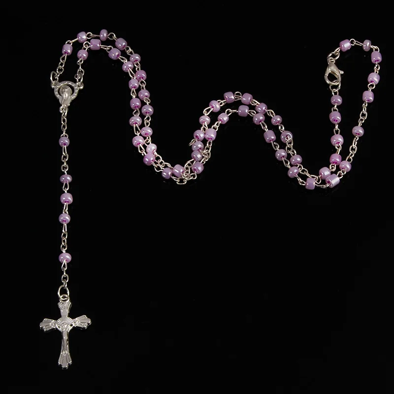 Small 4mm Glass Rosary Necklace with Gold Beads and Heart Shaped Pendant Chain with Cross Christian Church Prayer Ornaments - view 2