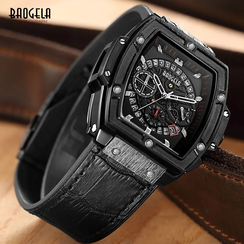 BAOGELA Men's Sports Chronograph Quartz Watches Fashion Leather Strap 24-hour Display Army Wristwatch for Man 1703Black