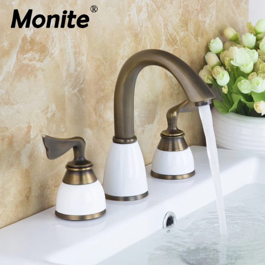 

Antique Brass White Ceramic Bathtub Faucet Bathroom Faucet 3 Pieces Set Double Handles Deck Mounted Basin Sink Faucet Mixer Tap