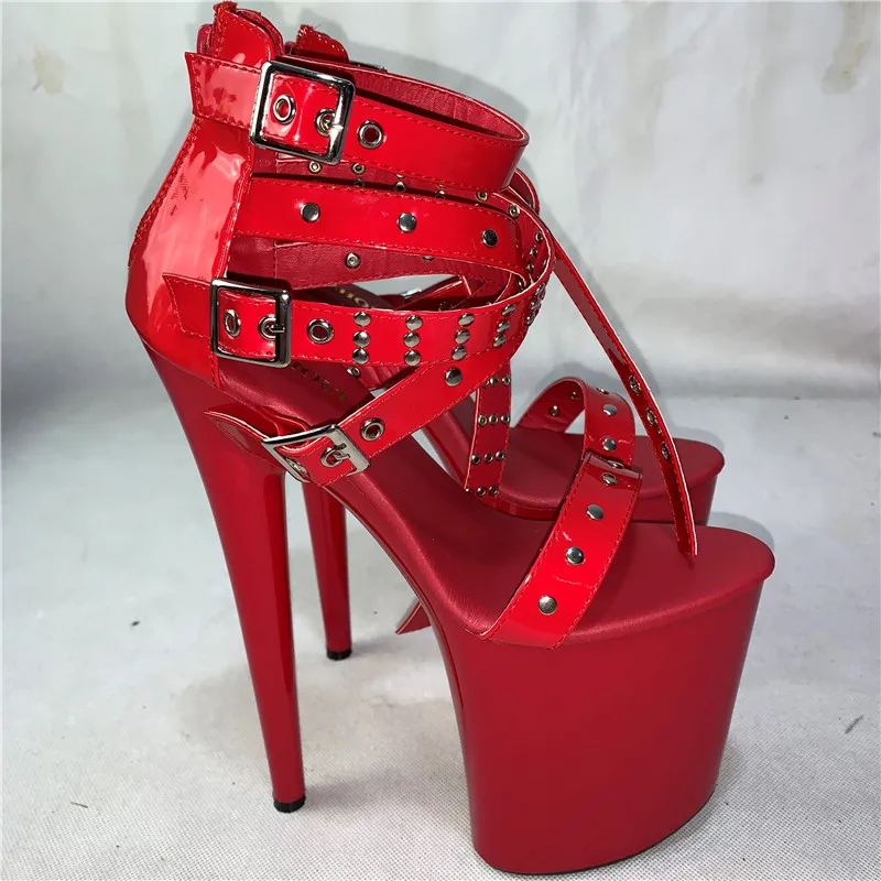 

Sexy women's 20 cm high heel sandals, riveted gladiator embellished, 8 inch platform buckle pole dancing sandals