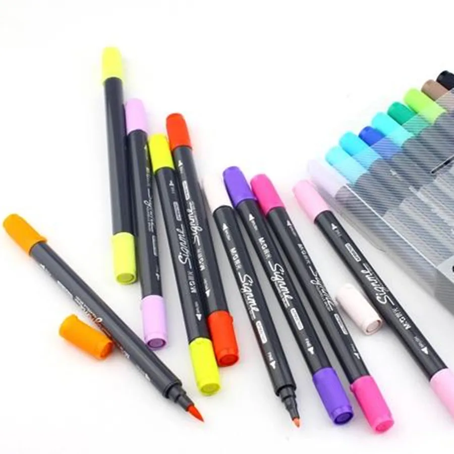 18 Pcs/Box Water-Based  Brush Tip & Round Tip 12-Color Art Marker Pen for Drawing & Writing & School Stationery & Office Supply