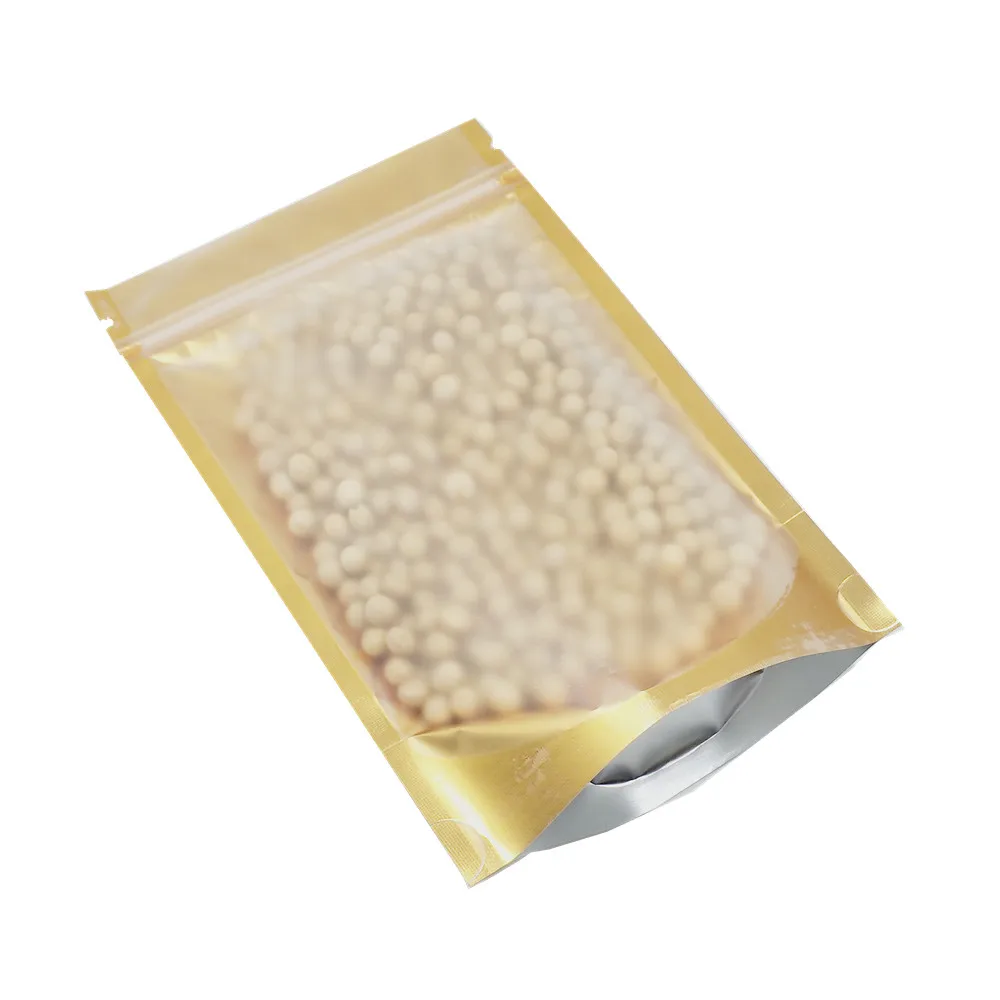 100Pcs/lot 6 Sizes Stand Up Clear Front Gold Aluminum Foil Zip Lock Storage Bag Plastic Mylar Food Snack Retails Ziplock Pouch