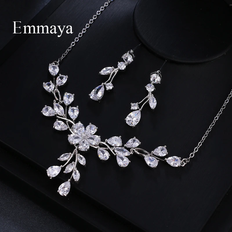 Emmaya Brand Luxury Plant Cubic Zircon Water Drop Pendant Crystal Earrings Necklace Set For Women Popular Bride Jewelry Gift