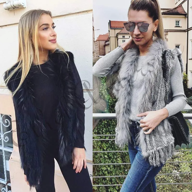 Doğal tavşan kürk yelek rakun kürk yaka parti yelek ceketler örme Gilets kadın yün yelek colete de pele de coelho