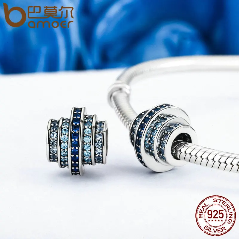 BAMOER Genuine 925 Sterling Silver Gradual Change Round Wheel Blue Melody Clear CZ Crystal Charms fit Bracelets Jewelry SCC129